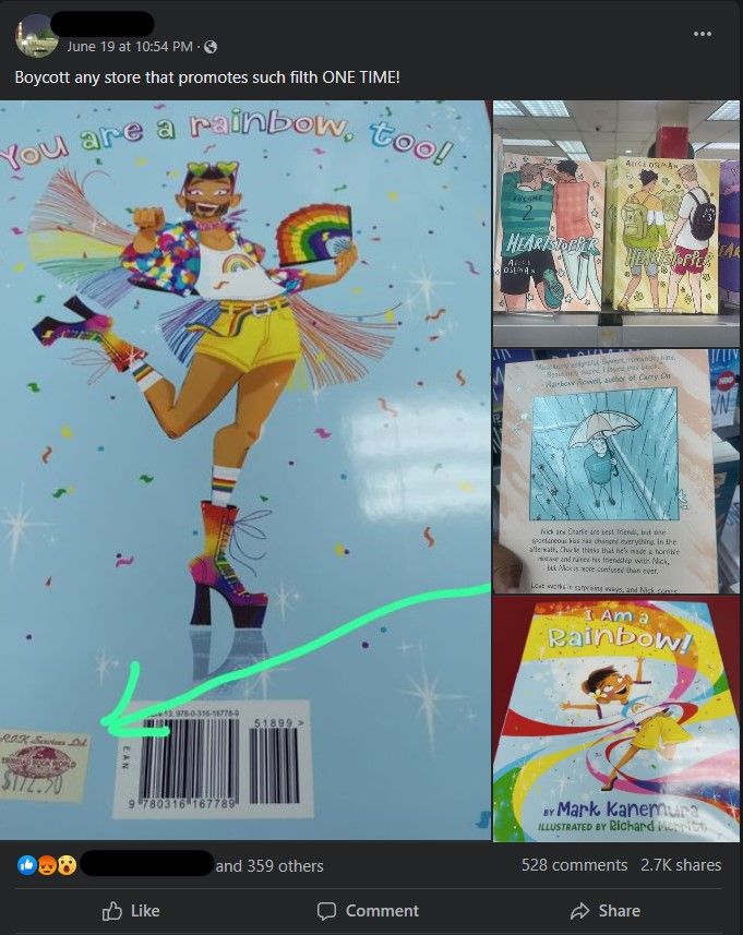 A photo post on Facebook, with the caption "Boycott any store that promotes such filth ONE TIME!". The post includes images of the front and back covers of 'I Am A Rainbow' by Mark Kanemura and Volumes 2 and 3 of 'Heartstopper' by Alice Oseman.